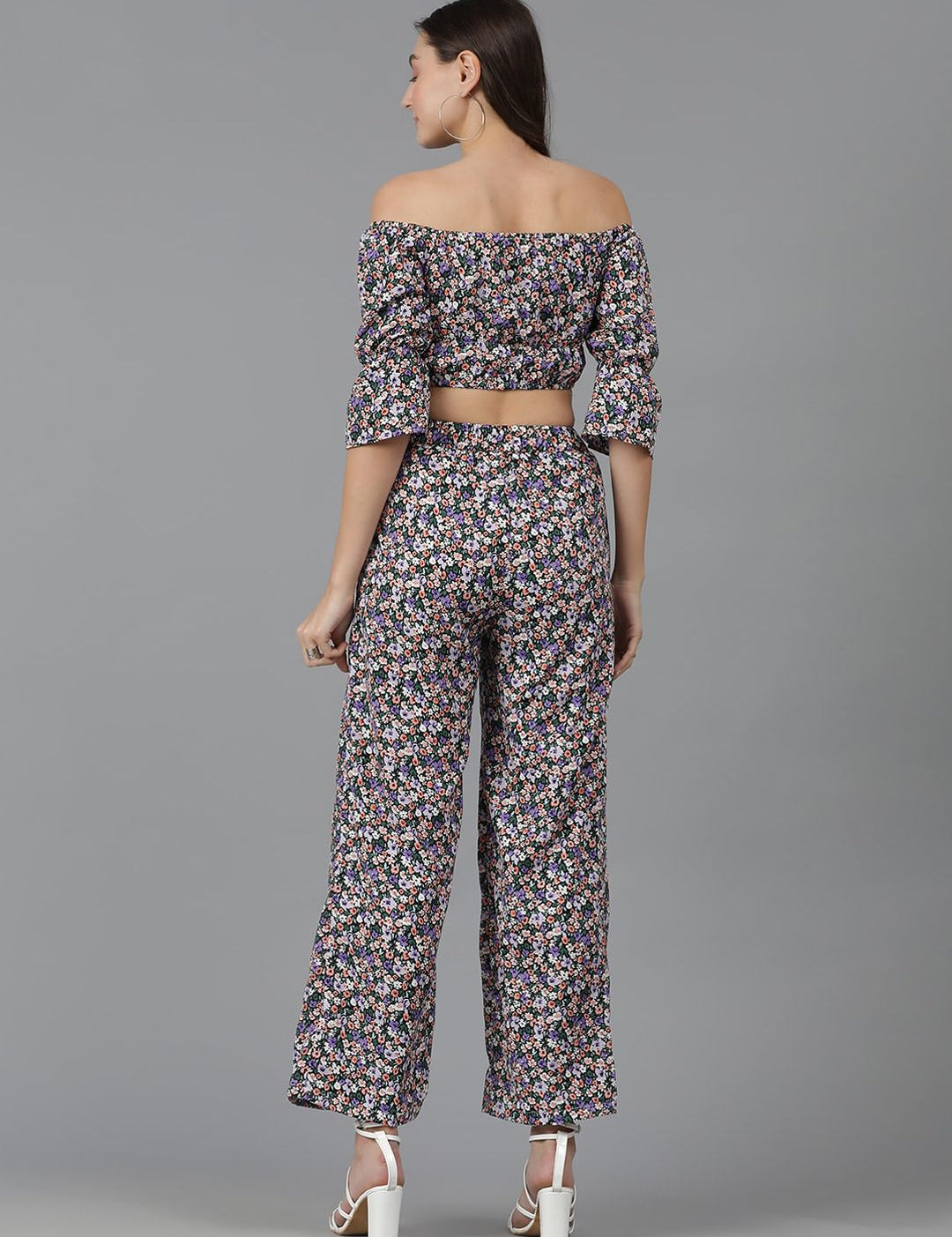 Kotty Floral Printed Off-Shoulder Crop Top & Trousers