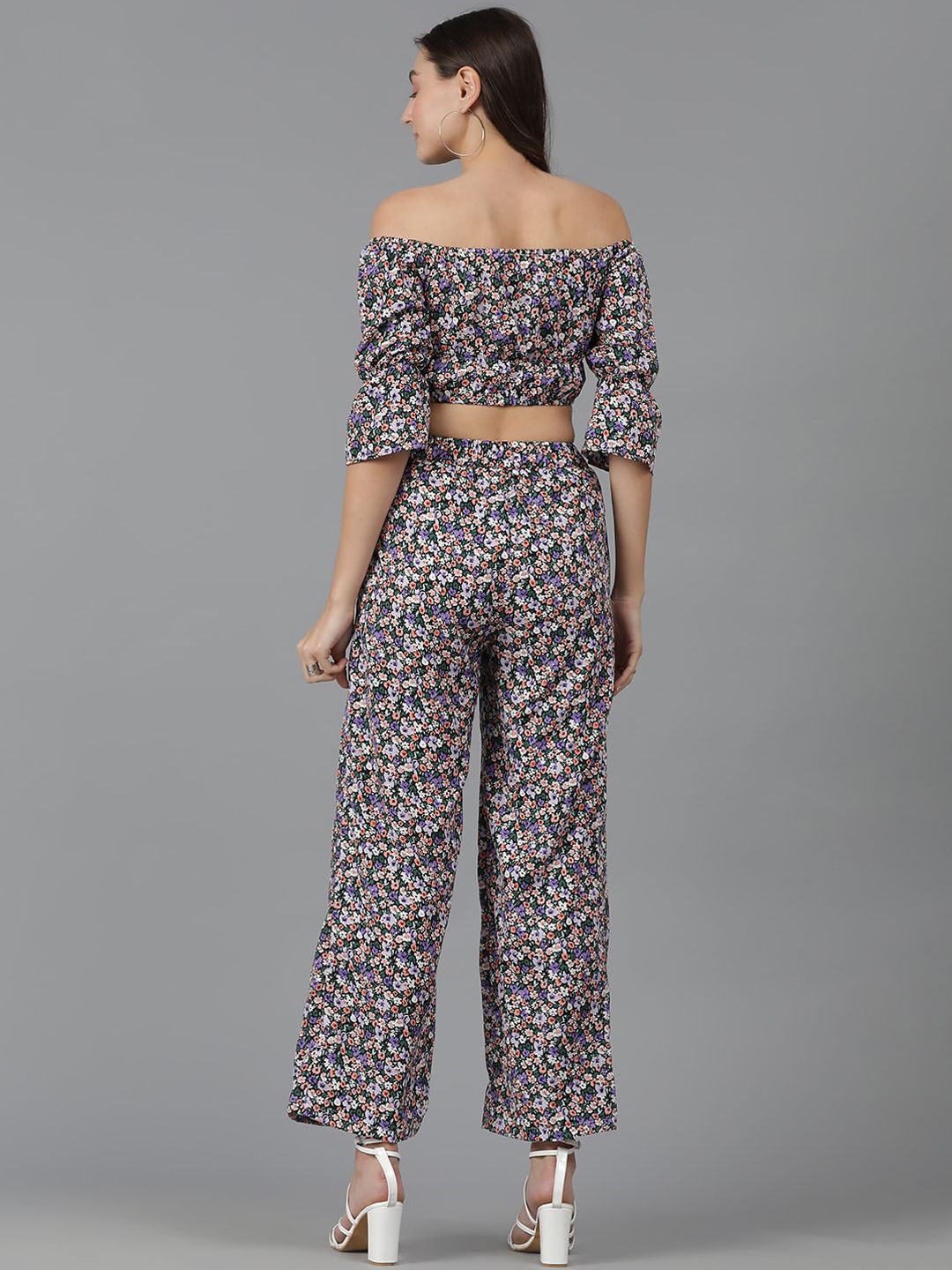 Kotty Floral Printed Off-Shoulder Crop Top & Trousers