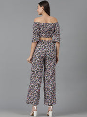 Kotty Floral Printed Off-Shoulder Crop Top & Trousers