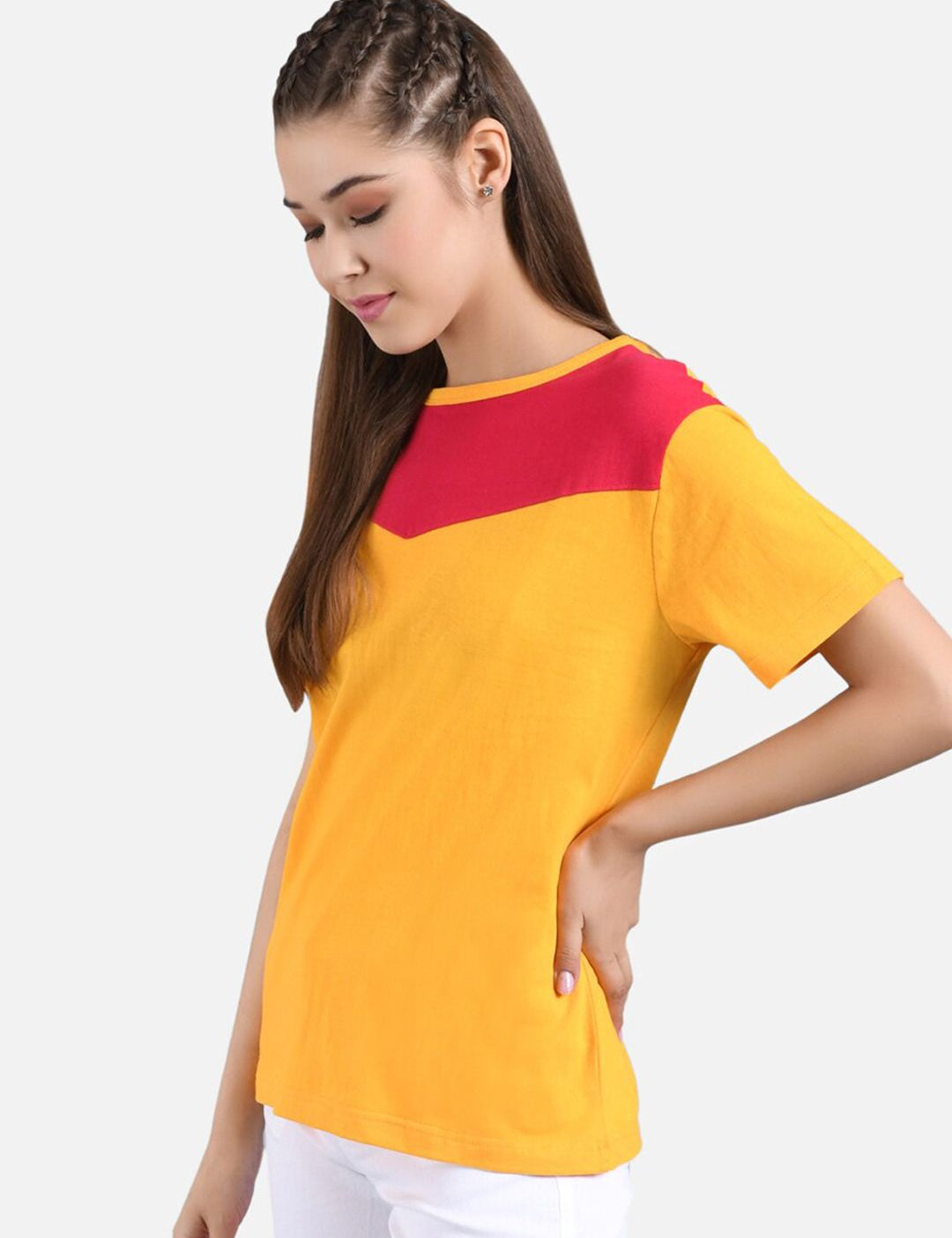 Kotty Women Mustard Yellow & Red Colourblocked Round Neck T-shirt