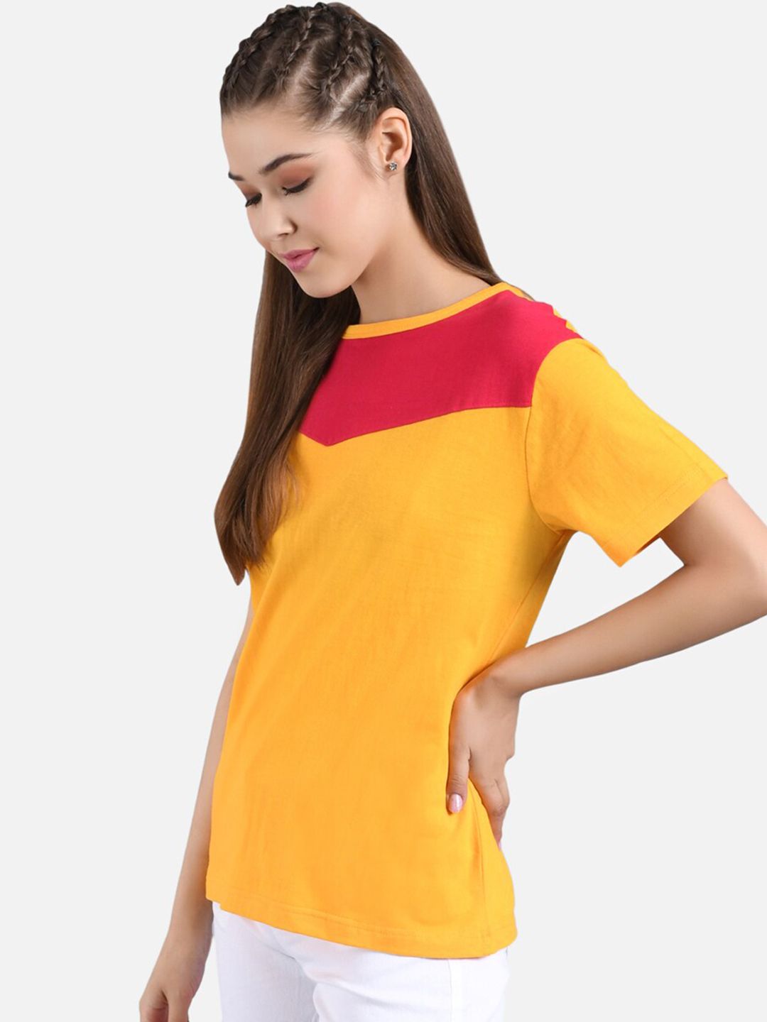 Kotty Women Mustard Yellow & Red Colourblocked Round Neck T-shirt