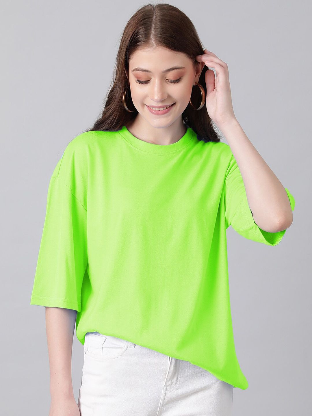 KOTTY Basics Round Neck Drop-Shoulder Sleeves Oversized T-shirt
