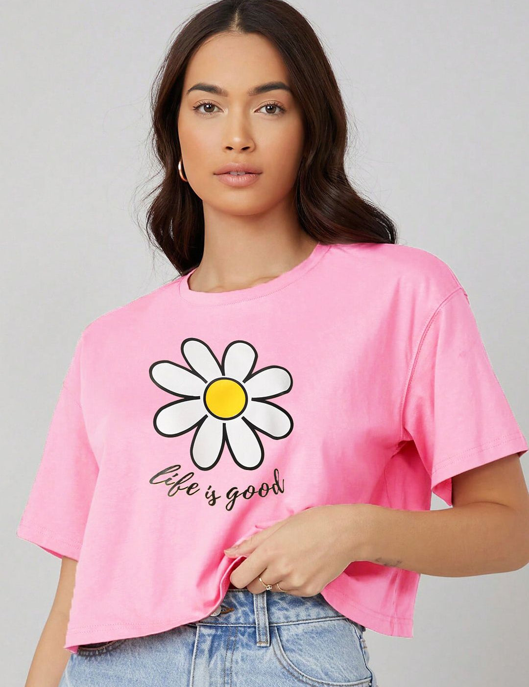 Kotty Round Neck  Drop-Shoulder Sleeves Graphic Printed Oversized Crop T-shirt