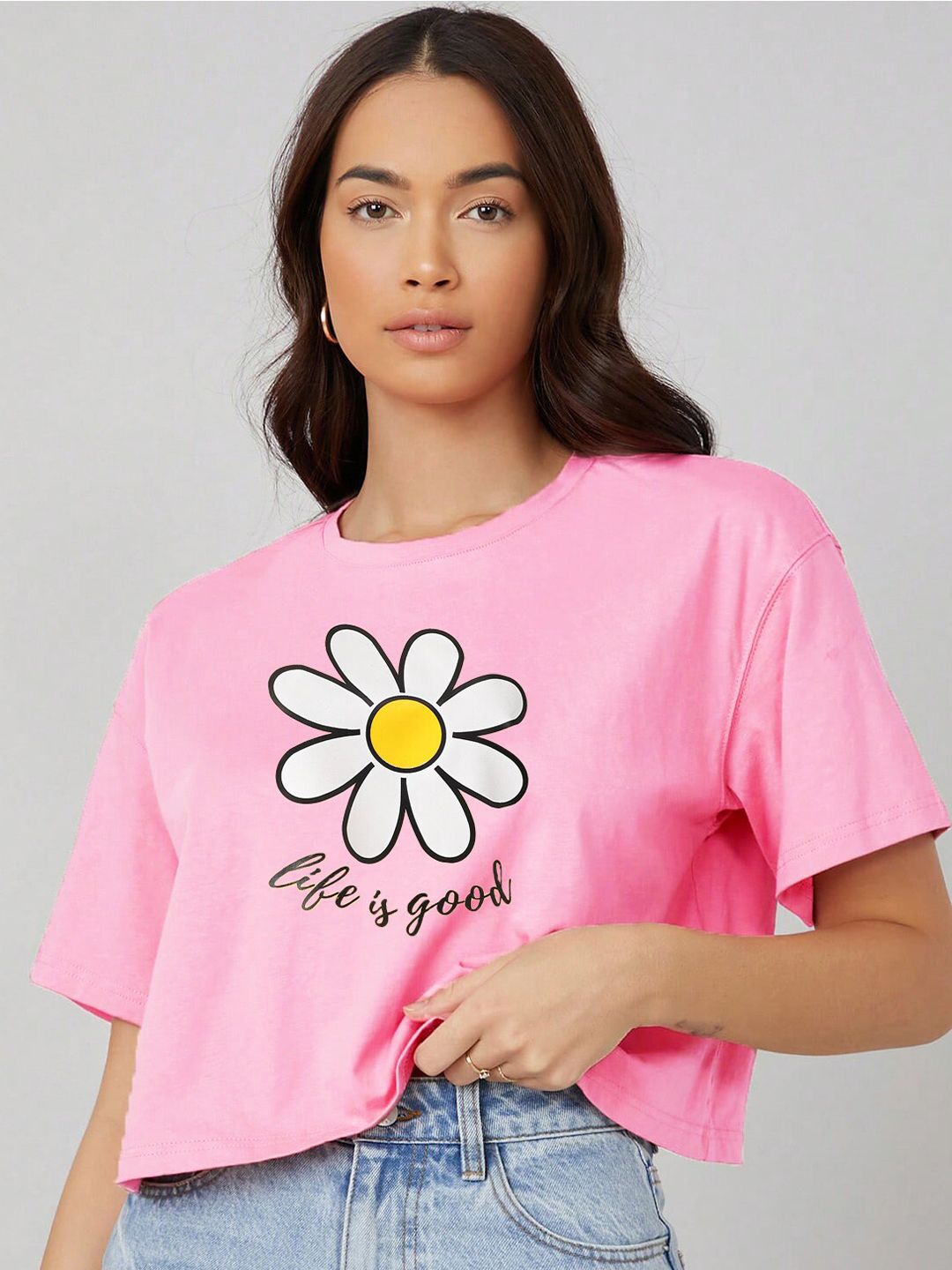 Kotty Round Neck  Drop-Shoulder Sleeves Graphic Printed Oversized Crop T-shirt