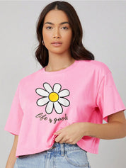 Kotty Round Neck  Drop-Shoulder Sleeves Graphic Printed Oversized Crop T-shirt