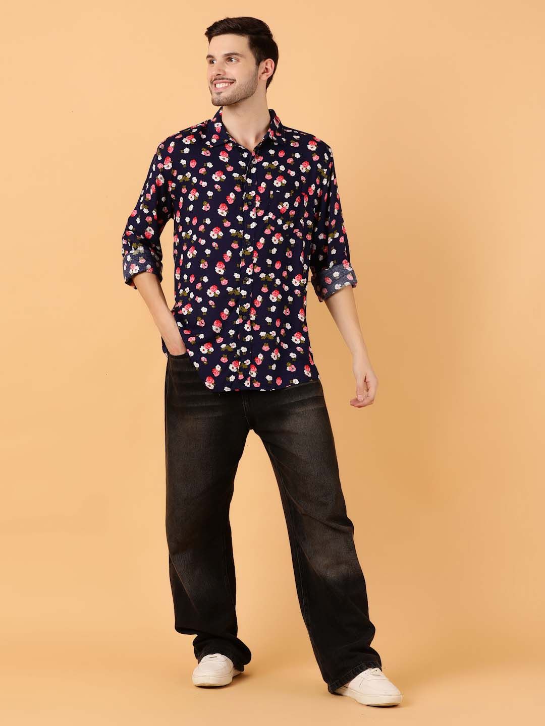 Kotty Men Relaxed Spread Collar Graphic Printed Cotton Casual Shirt