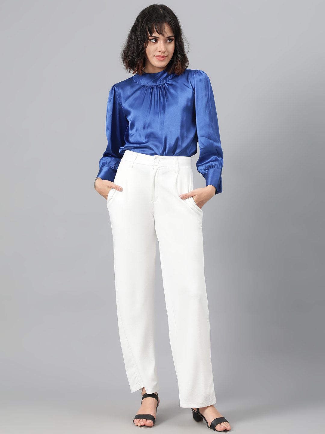 Kotty Blue High Neck Cuffed Sleeve Pleated Satin Top