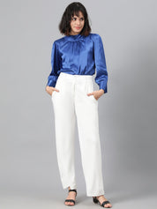 Kotty Blue High Neck Cuffed Sleeve Pleated Satin Top
