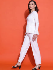 Kotty White V-Neck Long Sleeves Top With Trousers