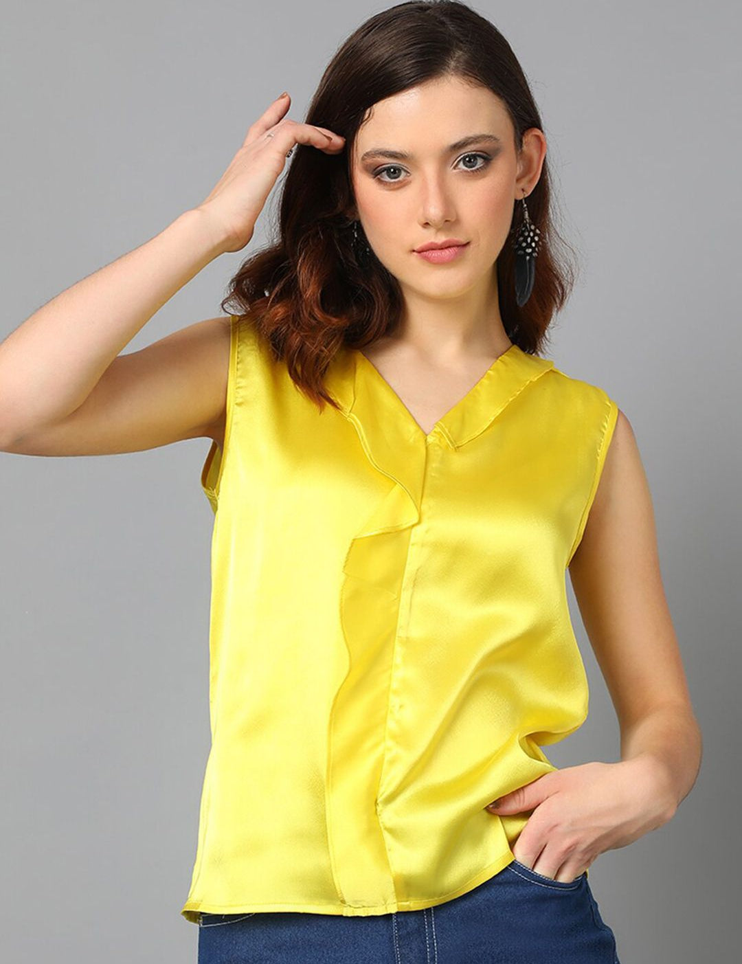 KOTTY BIZwear Yellow Sleeveless Satin Shirt Style Top