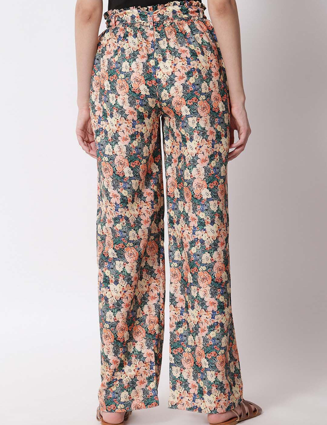 Kotty Women Peach-Coloured Floral Printed Relaxed High-Rise Trousers