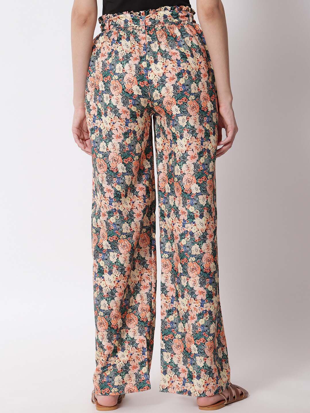 Kotty Women Peach-Coloured Floral Printed Relaxed High-Rise Trousers