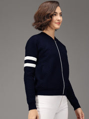 Kotty Women Navy Blue Striped Lightweight Crop Tailored Jacket