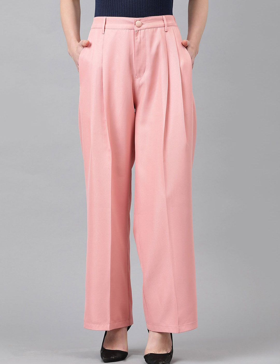 CURVE BY KOTTY BIZwear Women Relaxed Straight Leg High-Rise Easy Wash Pleated Trouser