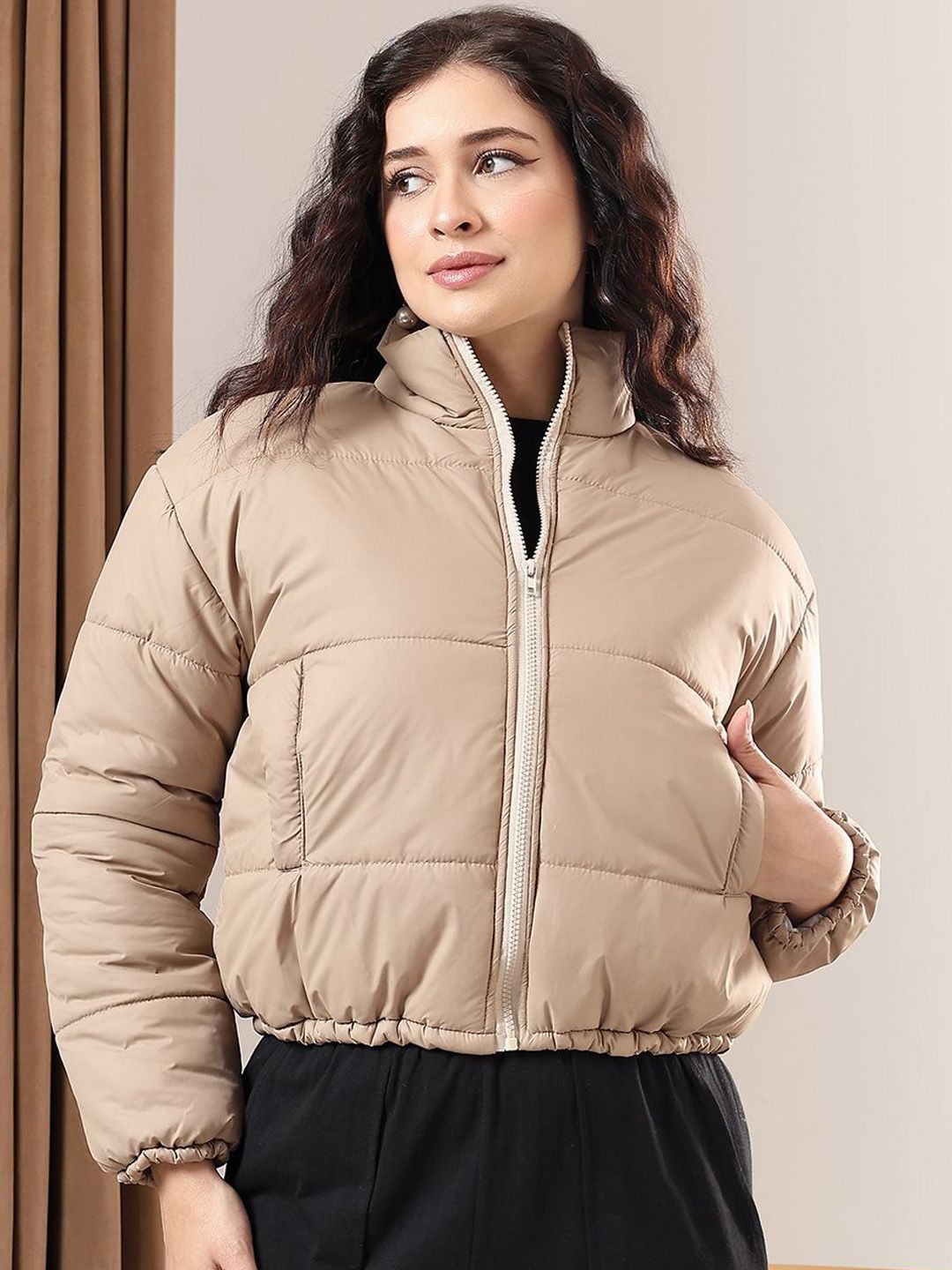 Kotty Women Mock Collar Solid Casual Puffer Insulator Jacket