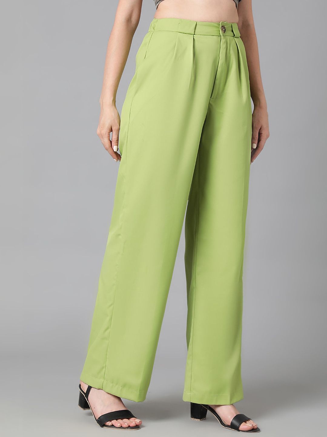 Kotty Women Green Relaxed Straight Leg High-Rise Easy Wash Pleated Parallel Trousers
