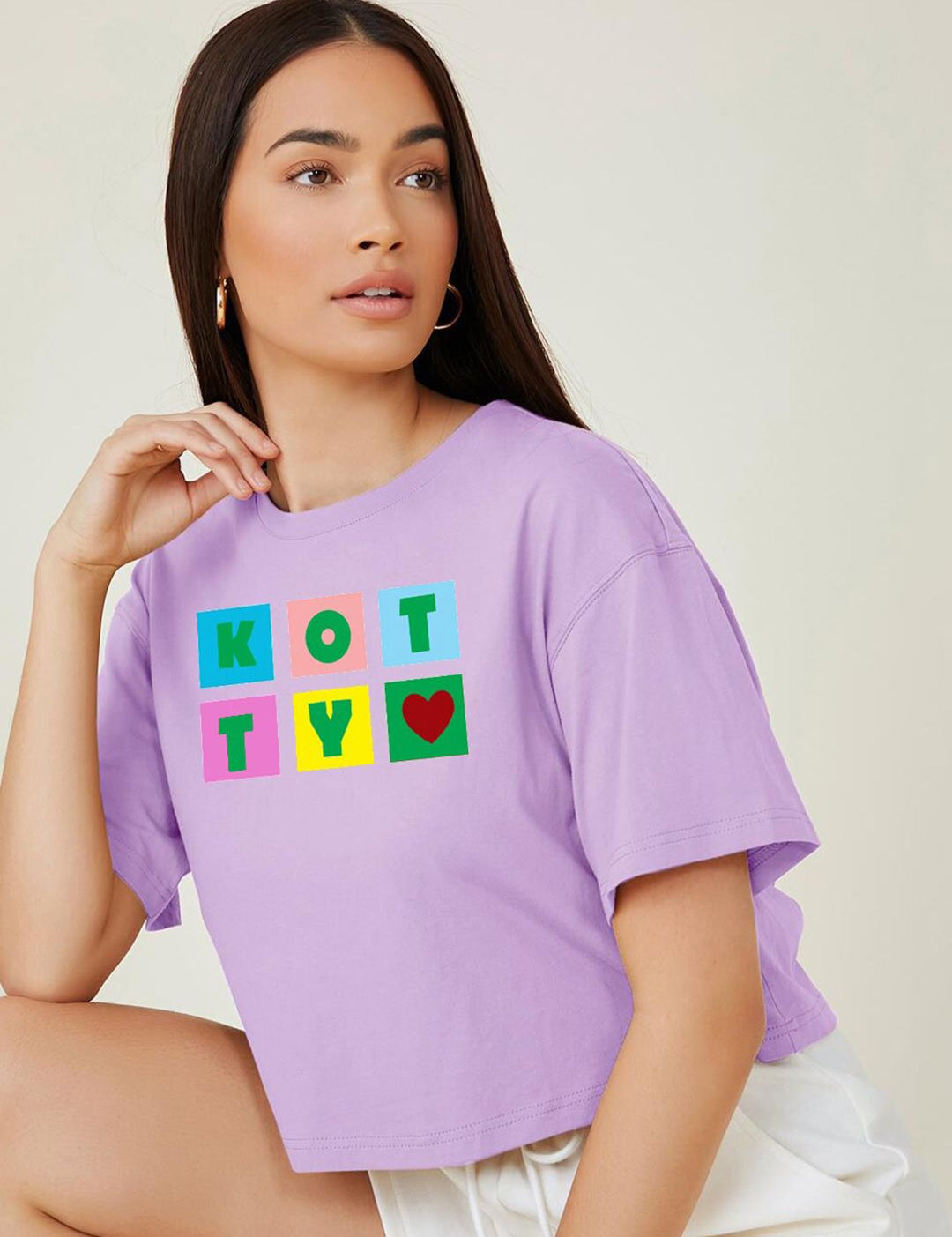 Kotty Purple Printed Round Neck Drop-Shoulder Sleeves Crop Oversized T-shirt