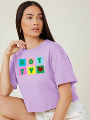 Kotty Purple Printed Round Neck Drop-Shoulder Sleeves Crop Oversized T-shirt