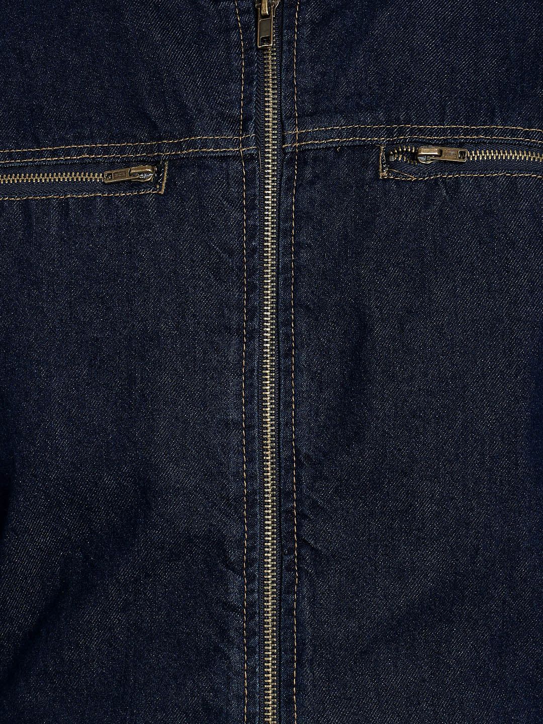 Kotty Men Navy Blue Solid Denim Jacket