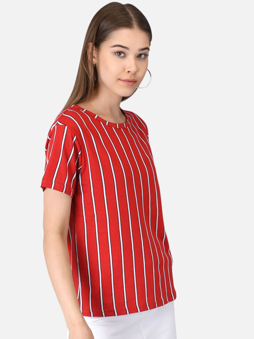 Kotty Women Red & White Striped Round Neck T-shirt
