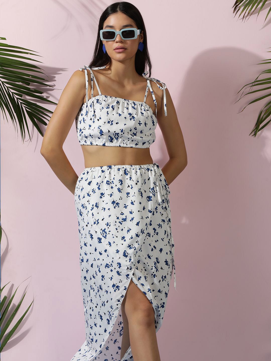 Kotty White Floral Printed Crop Top & Skirt