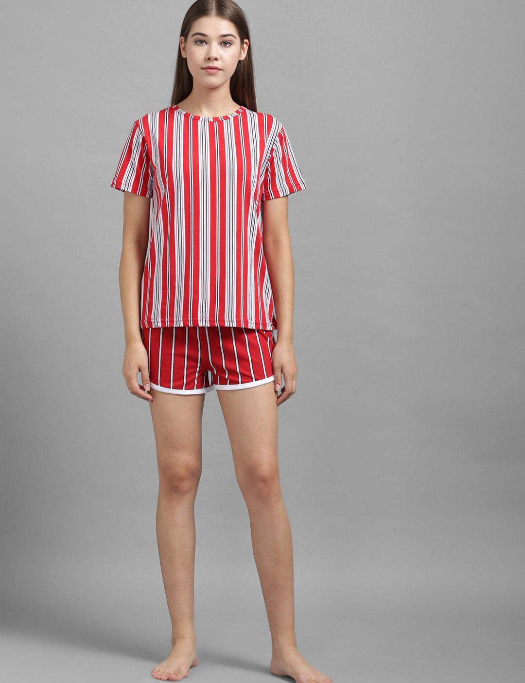 Kotty Women Red & White Striped Night suit