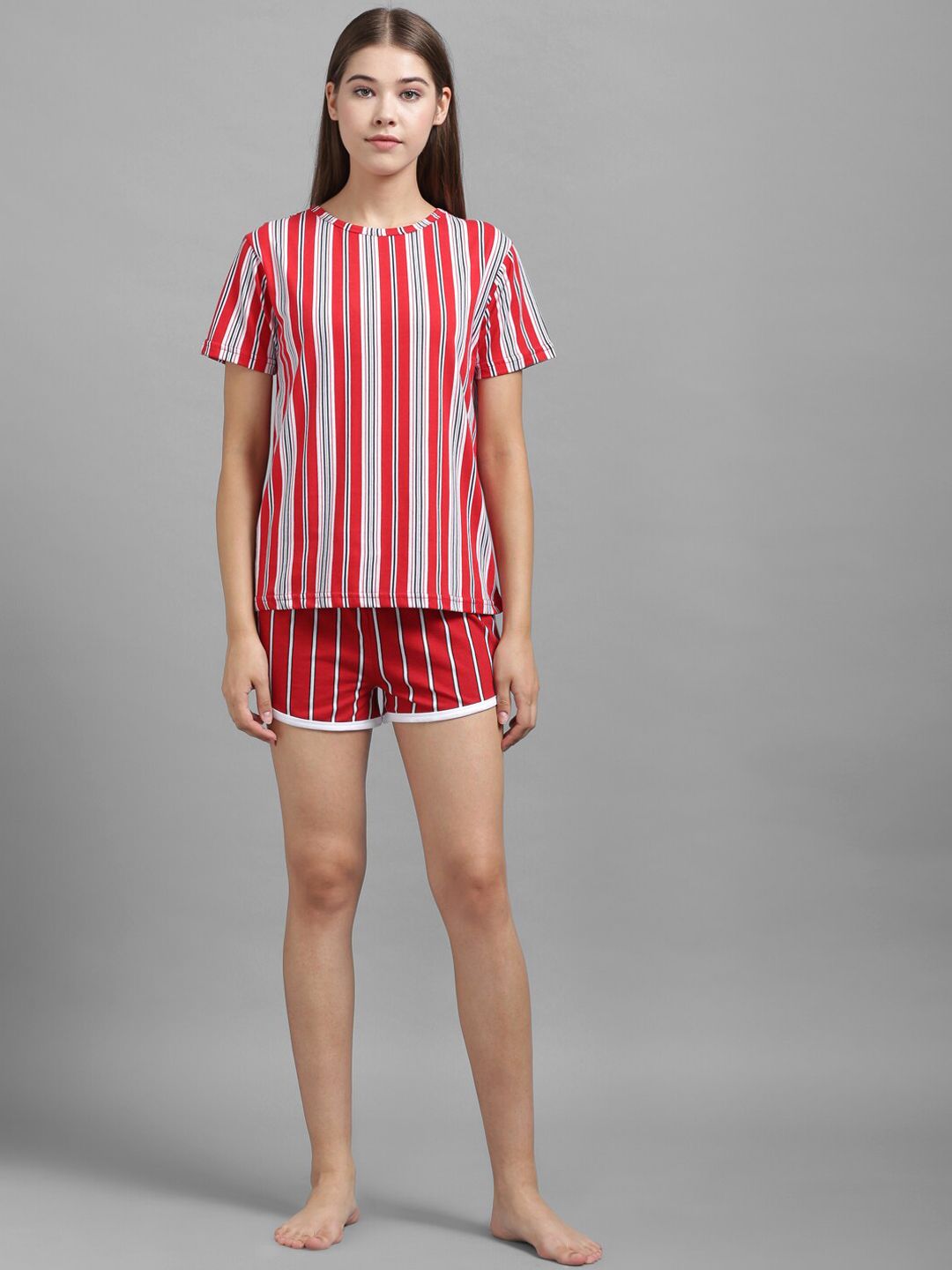 Kotty Women Red & White Striped Night suit