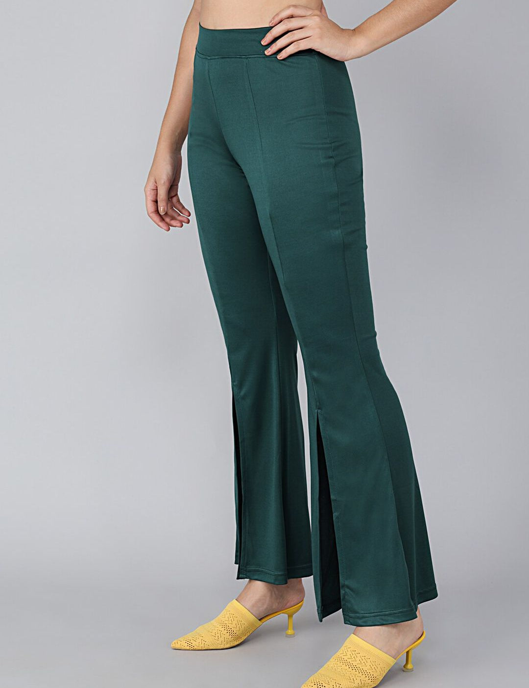 Kotty Women Green Solid Flared High-Rise Bootcut Trousers