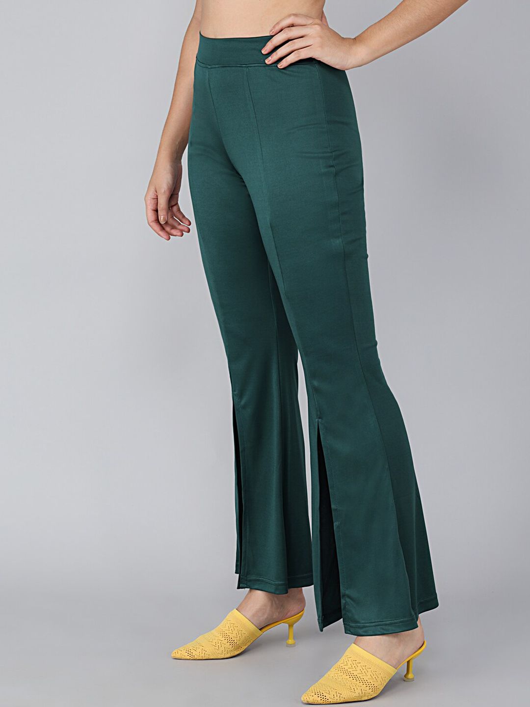 Kotty Women Green Solid Flared High-Rise Bootcut Trousers