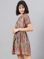 Kotty Pink Ethnic Motif Printed Fit & Flare Mini Dress