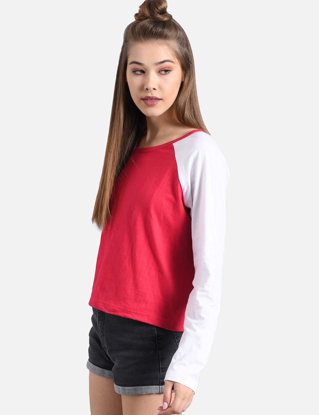 Kotty Women Pink & White Colourblocked Round Neck T-shirt