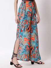 Kotty Women Blue Floral Printed Relaxed Flared High-Rise Easy Wash Pleated Trousers