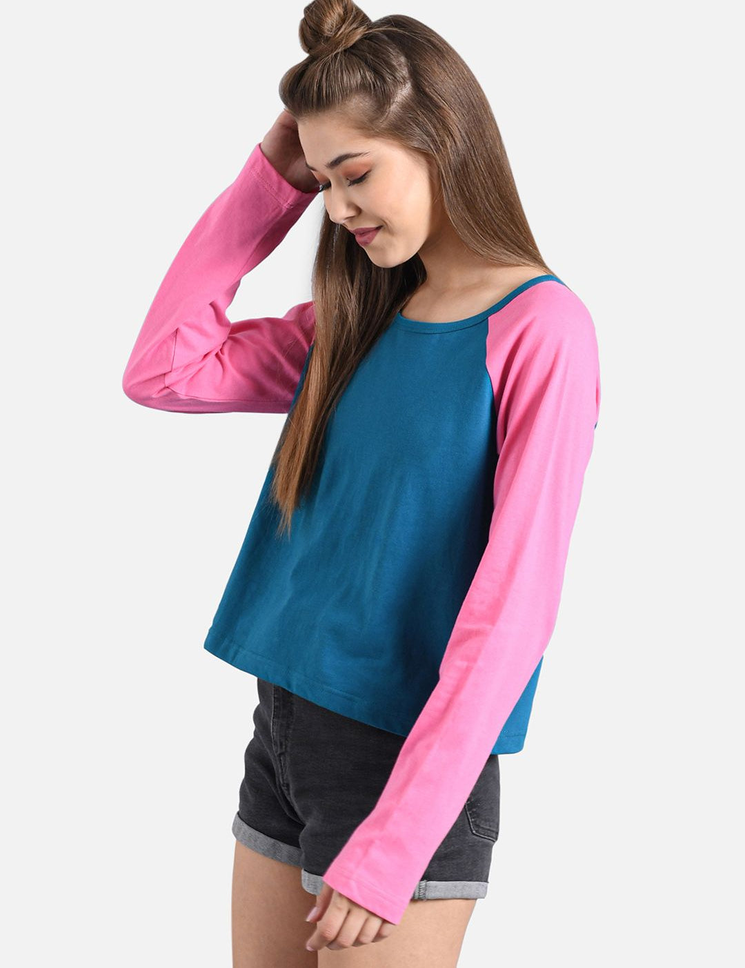 Kotty Women Navy Blue & Pink Colourblocked Boat Neck T-shirt