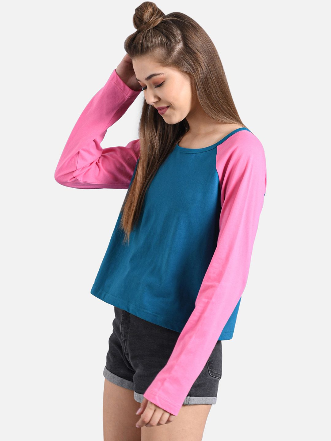 Kotty Women Navy Blue & Pink Colourblocked Boat Neck T-shirt