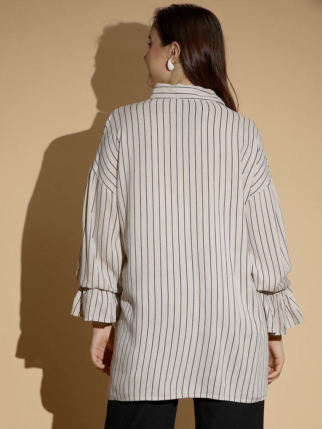 Kotty Women Spread Collar Vertical Striped Cotton Oversized Casual Shirt