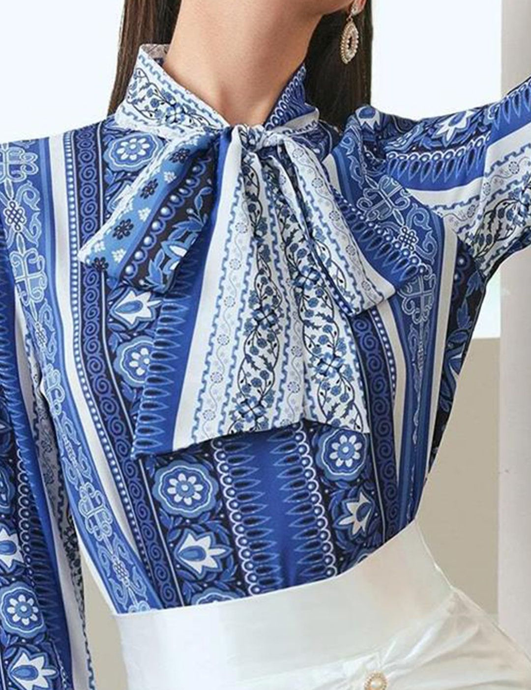 Kotty Print Tie-Up Neck Crepe Shirt Style Top