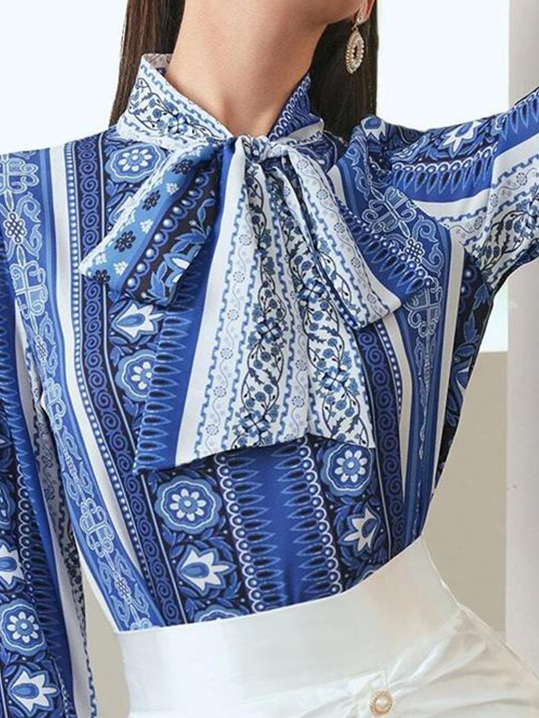 Kotty Print Tie-Up Neck Crepe Shirt Style Top