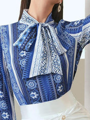 Kotty Print Tie-Up Neck Crepe Shirt Style Top