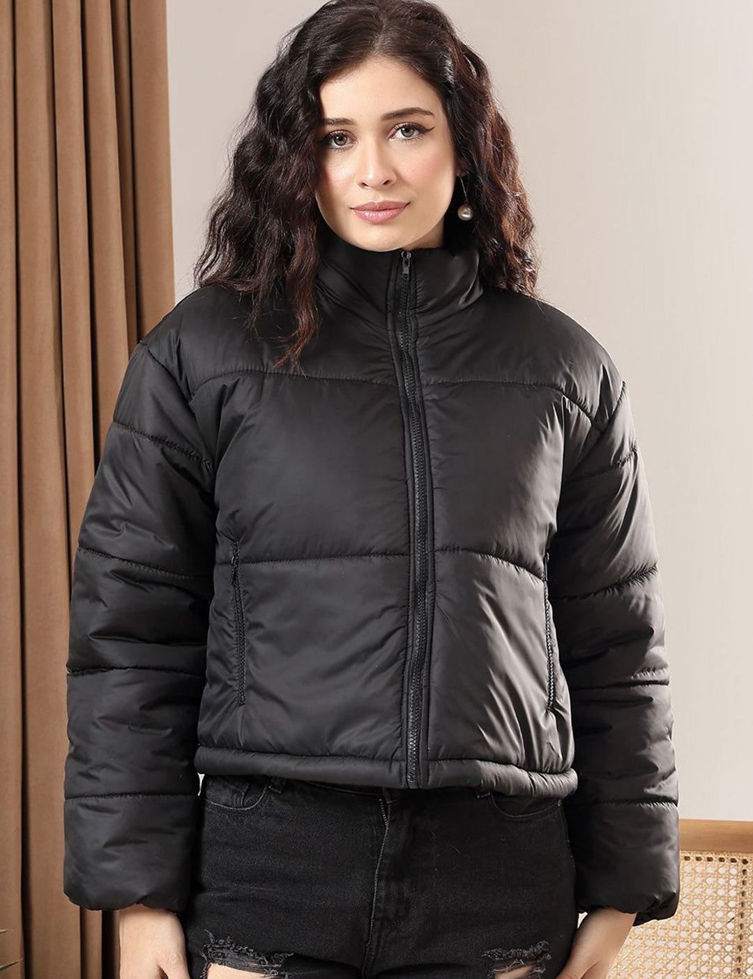 Kotty Women Mock Collar Solid Casual Puffer Insulator Jacket