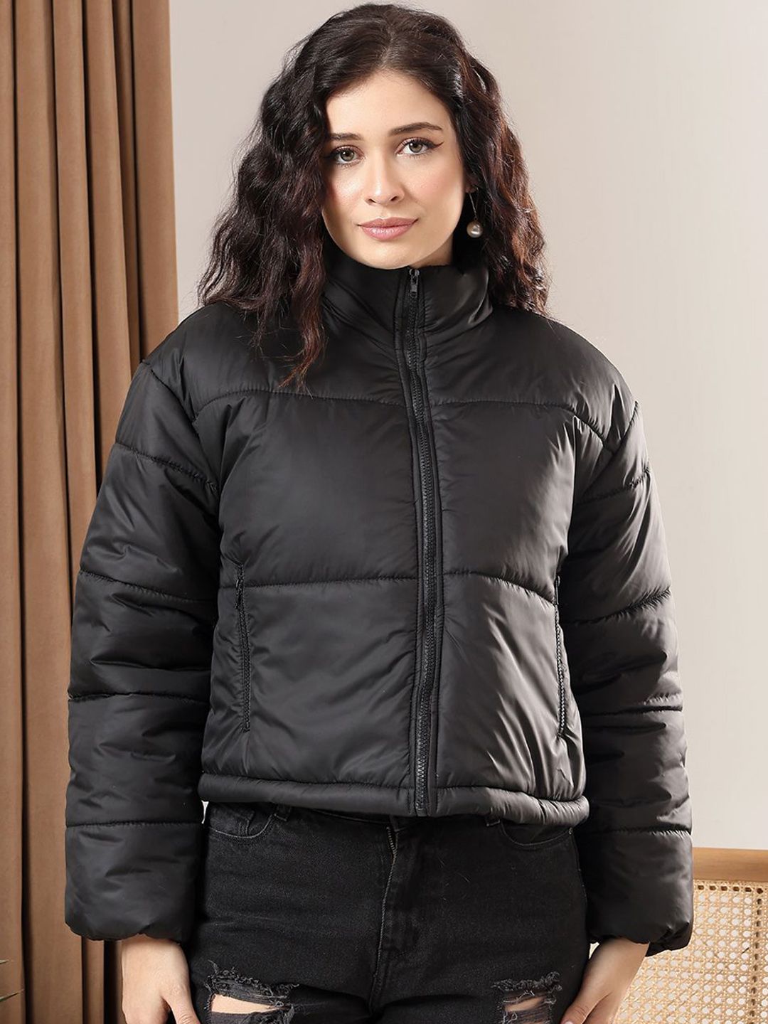 Kotty Women Mock Collar Solid Casual Puffer Insulator Jacket