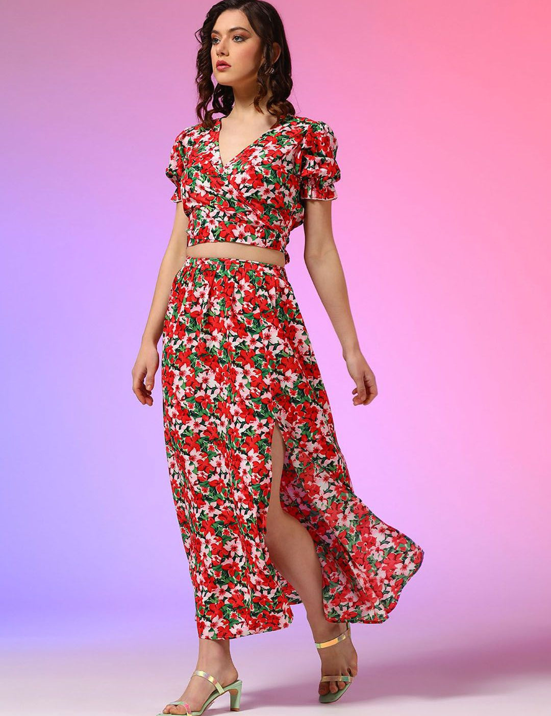 Kotty Red Floral Printed V-Neck Top With Skirt