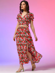 Kotty Red Floral Printed V-Neck Top With Skirt