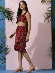 Kotty Maroon Floral Printed Sleeveless Top With Skirt