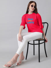 Kotty Pink & Blue Typography Printed Drop Shoulder Sleeves Oversized Casual T-Shirt