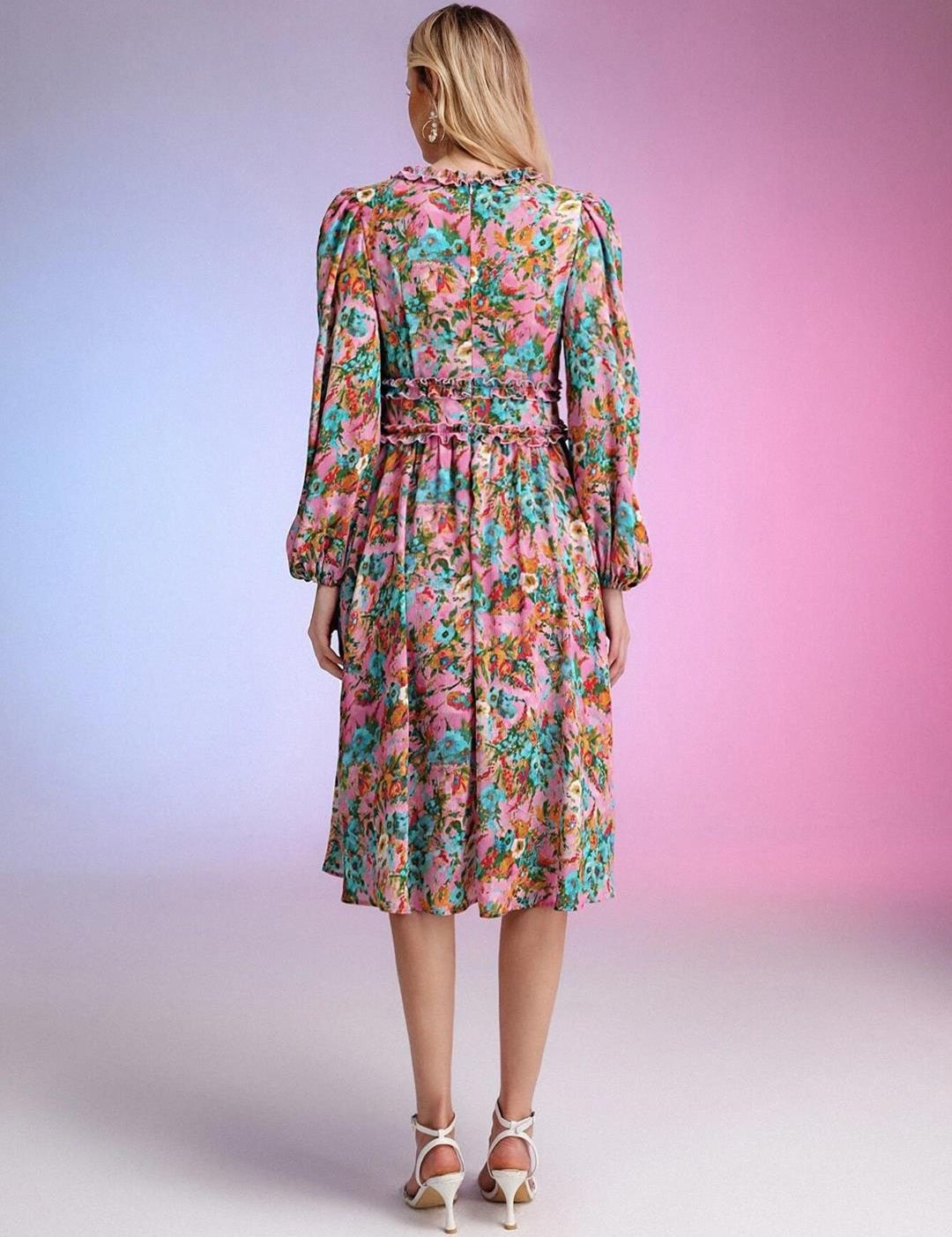 Kotty Pink & Green Floral Printed Puffed Sleeves Satin Empire Midi Dress