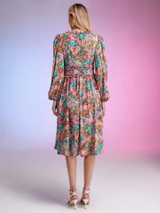 Kotty Pink & Green Floral Printed Puffed Sleeves Satin Empire Midi Dress