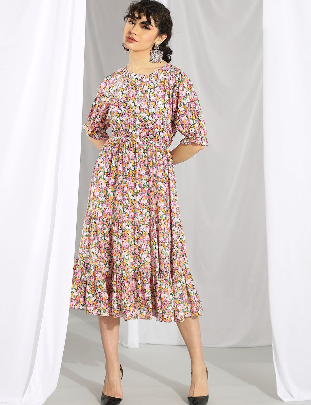 Kotty Pink Floral Printed Flared Sleeves Fit & Flare Midi Dress