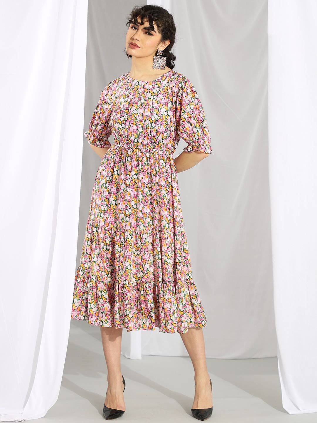Kotty Pink Floral Printed Flared Sleeves Fit & Flare Midi Dress