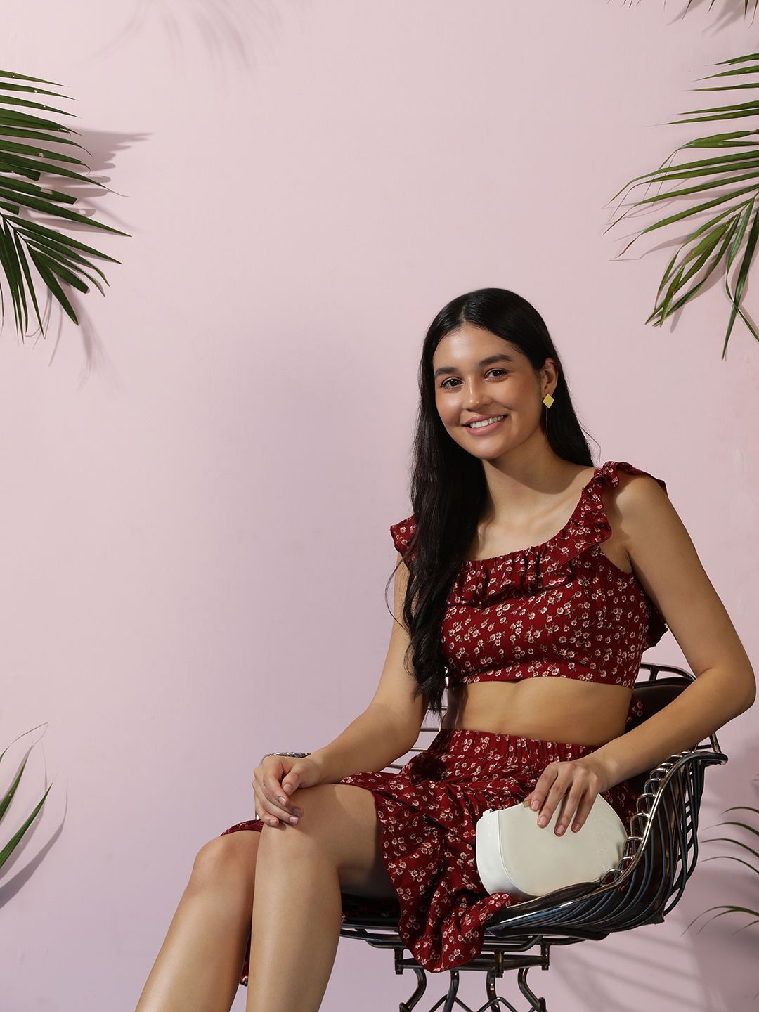 Kotty Maroon Floral Printed Sleeveless Top With Skirt