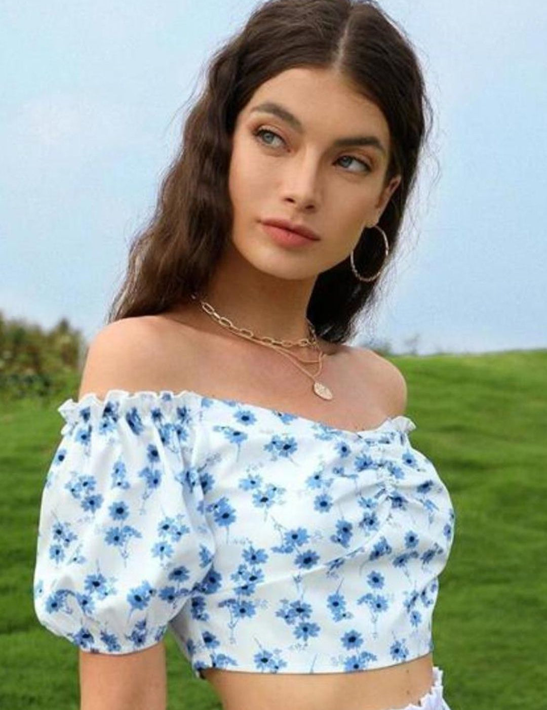 Kotty White Floral Printed Off-Shoulder Bardot Crop Top